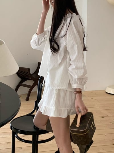 前綁結花邊Ｖ領棉麻衫＋荷葉棉麻短裙SET(可拆買）6