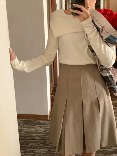 反摺斜肩坑紋針織衣1