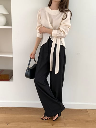 圓領素色微透下綁結雪紡衫5