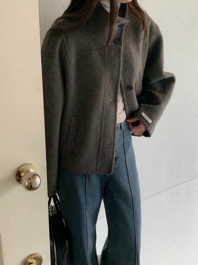 可高領簡約西裝版型手工羊毛外套（羊毛80%)12