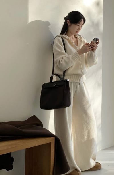 雙向拉鍊針織連帽外套+長褲SET10