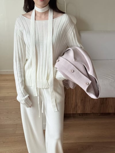 大圓領落肩坑紋針織衣（附綁帶)6