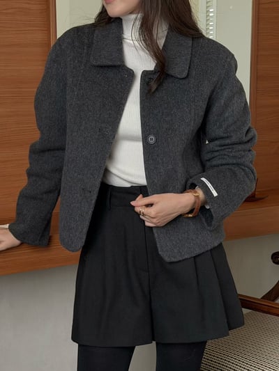 翻領兩側壓線羊毛80%手工外套2