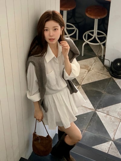 拼接百摺襯衫短洋 (附皮帶)3