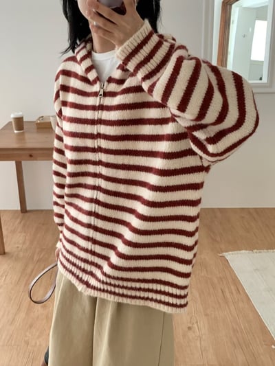 落肩橫條紋連帽長版羊毛外套9