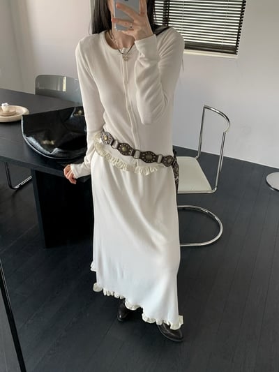 荷葉滾邊排釦針織衫＋鬆緊針織長裙SET3