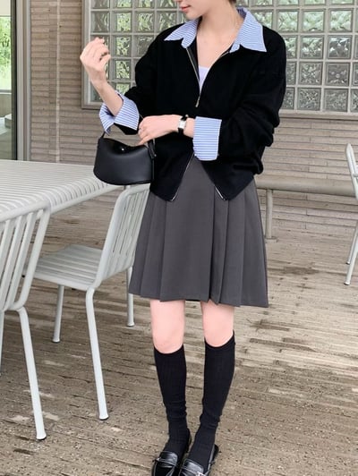 拼接直紋襯領雙拉鍊針織衫7