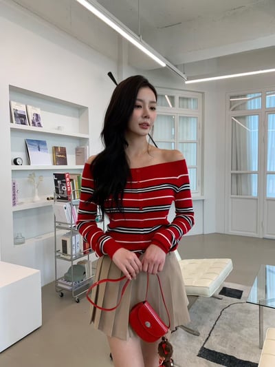 螺紋平領排釦條紋薄針織衣3