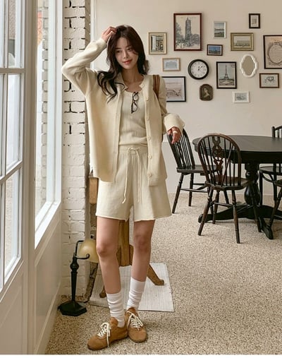 針織背心+抽繩三分短褲+排釦罩衫SET1