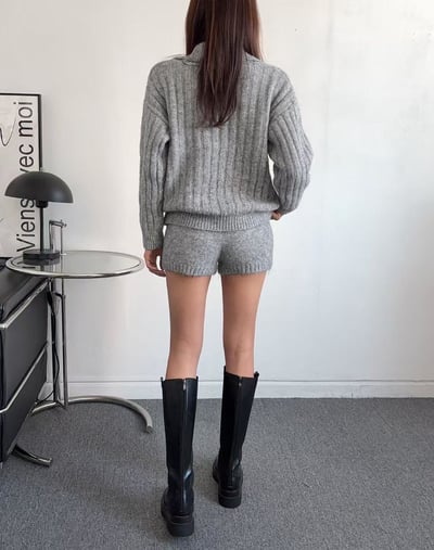 翻領坑紋落肩針織衣＋鬆緊短褲SET2