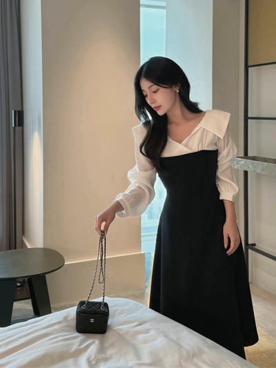 翻領層次拼接傘擺長洋3