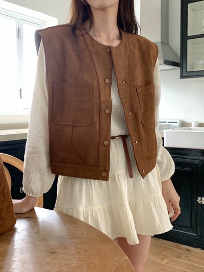 極簡圓領雙口袋麂皮背心16