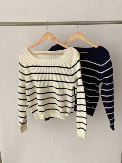 不修邊領拼接坑條橫紋針織衣7