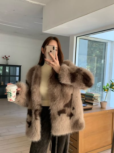 不規則色塊豹紋感毛毛外套1