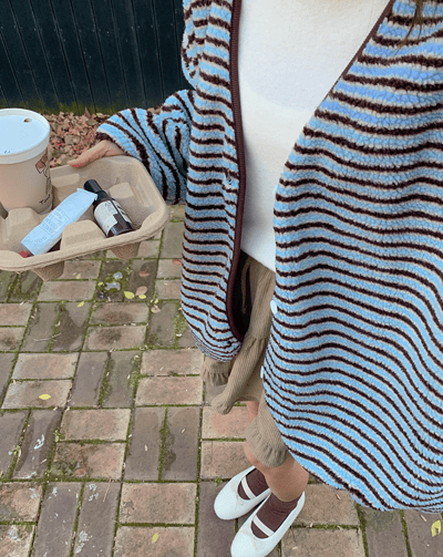 落肩配色橫條紋磨毛開襟外套12