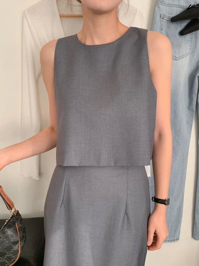 後開岔綁帶背心+鬆緊腰長裙SET (可拆買6