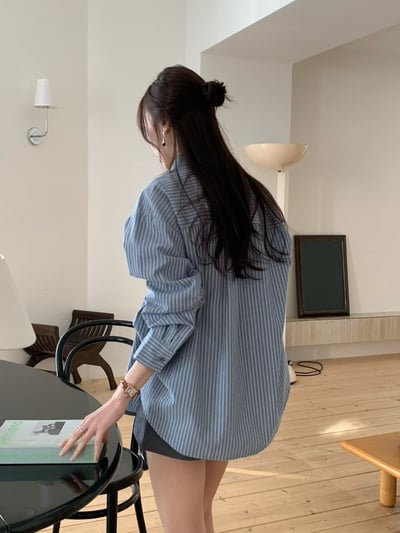 落肩直紋寬鬆襯衫8