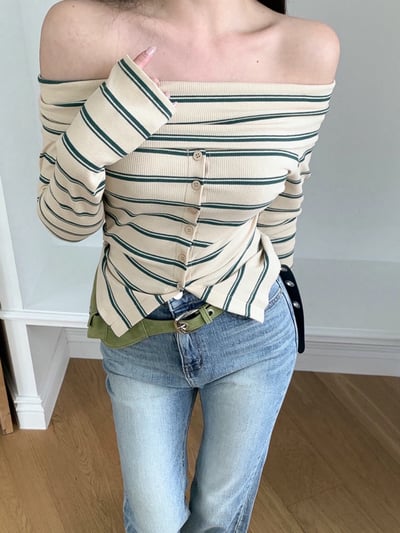 反折平領排釦下開衩橫條紋針織衫1