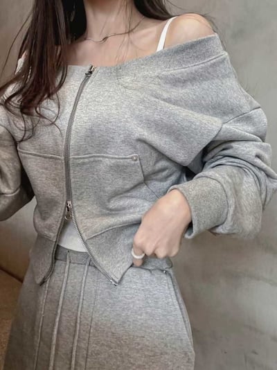 一字領雙拉鍊外套＋雙口袋抽繩棉長裙SET(可拆買）9