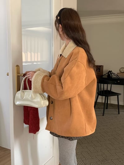 兩面穿！圓領麂皮毛毛中長款大衣3