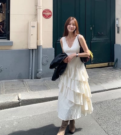 蕾絲V領小花刺繡斜邊層次蛋糕長洋6