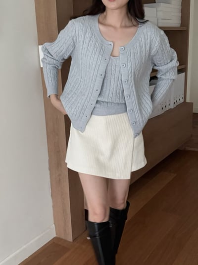 麻花細肩背心＋排釦罩衫SET1