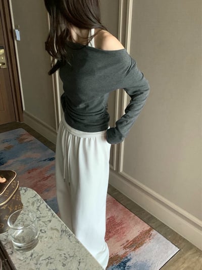 休閒刷薄毛抽繩落地寬褲5