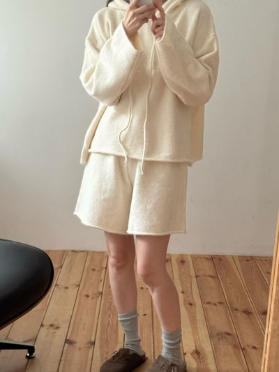 抽繩連帽針織衫＋鬆緊三分針織褲SET11