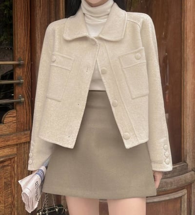 壓線雙口袋羊毛短版大衣外套9