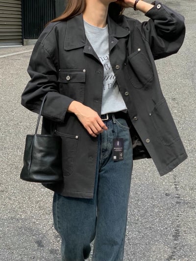 口袋造型落肩長版風衣外套3