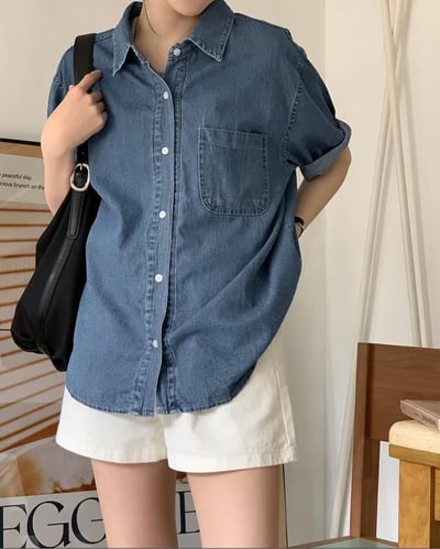 水洗軟牛仔布料短袖襯衫3