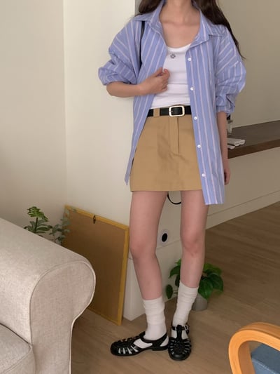 寬鬆落肩跳色直紋襯衫5