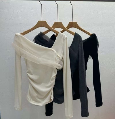 斜肩拼接網紗彈力薄針織衣12