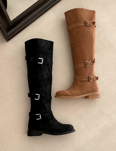 圓頭釦環麂皮膝上靴10