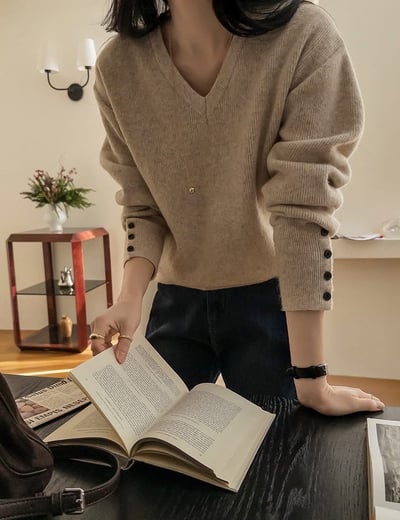 V領縮口排釦手袖素色羊毛針織衣（5%）7