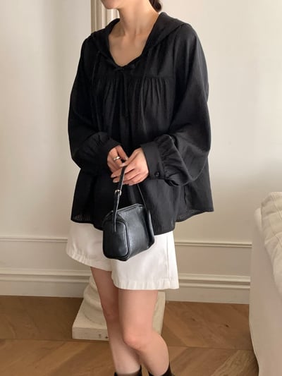 抓皺綁結連帽棉麻衫5