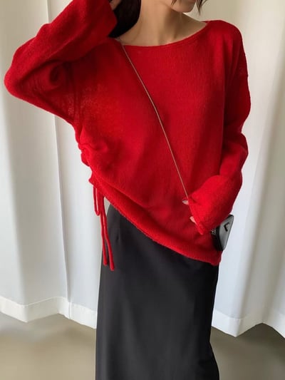 側抽繩薄款寬鬆羊毛針織衣（5%)7