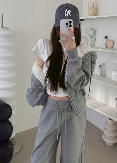 毛毛大翻領設計連帽外套＋鬆緊長褲SET3