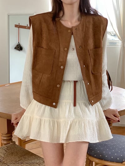 極簡圓領雙口袋麂皮背心17