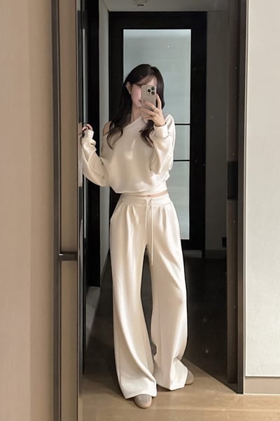 斜肩下擺縮腰大學Ｔ＋打褶腰間抽繩棉褲SET(可拆買）1