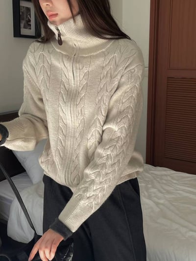 皮革拉鍊翻領麻花針織衣(羊毛30%）8