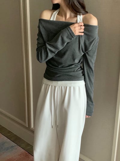 假兩件繞頸背心＋垂墜可斜肩上衣SET2