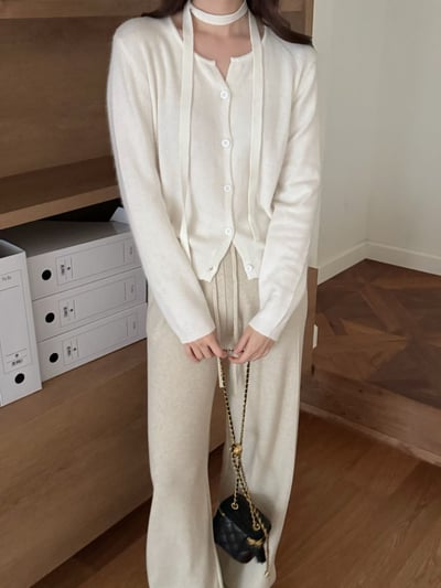 簡約排釦針織外套＋繞頸綁帶SET6