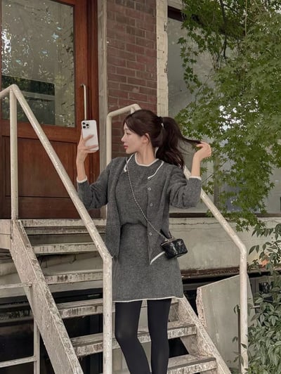 三件套｜滾邊短袖針織衫＋排釦外套＋短裙SET1