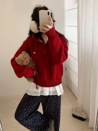 荷葉邊連帽抽繩愛心logo針織衣2