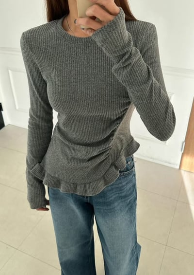 斜切邊荷葉下擺造型螺紋上衣5