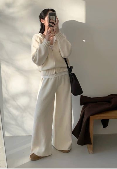 雙向拉鍊針織連帽外套+長褲SET9