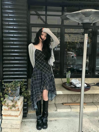 不規則格紋蛋糕背心雪紡短洋5