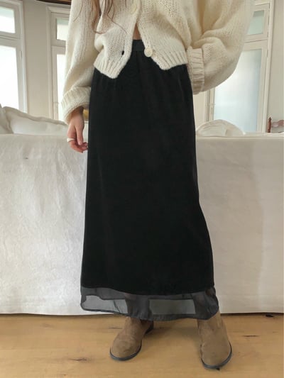 鬆緊絨面拼接雪紡長裙8