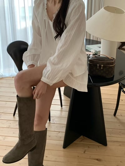 前綁結花邊Ｖ領棉麻衫＋荷葉棉麻短裙SET(可拆買）3